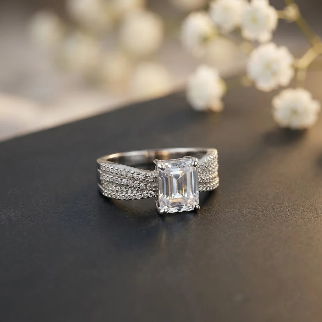 Emerald Cut Diamond Ring with Triple Pavé Band in White Gold