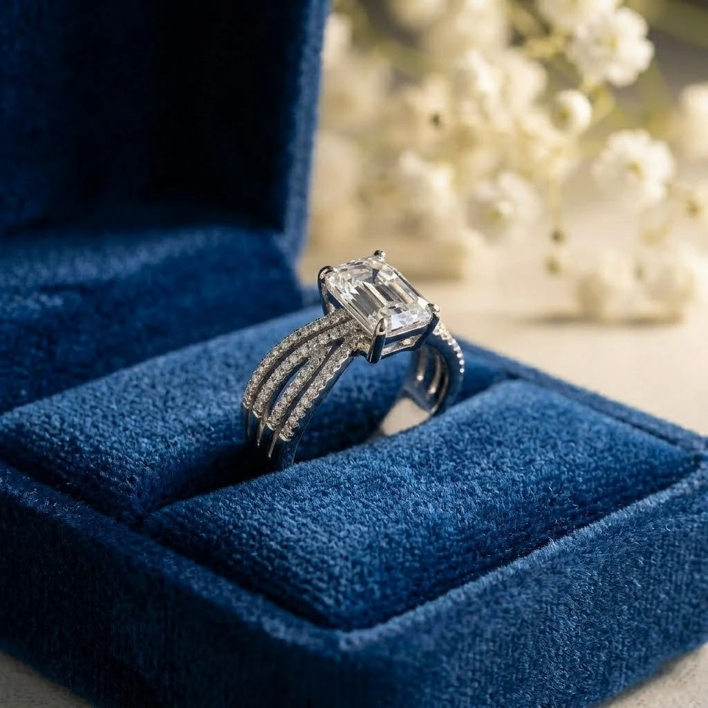 Emerald Cut Diamond Ring with Triple Pavé Band in White Gold