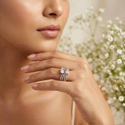 Emerald Cut Diamond Ring with Triple Pavé Band in White Gold