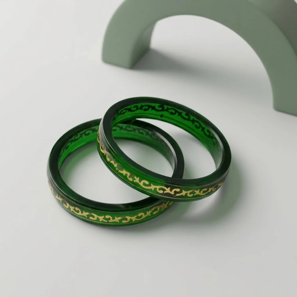 Emerald Green Transparent Glass Bangles with Gold Filigree Design 