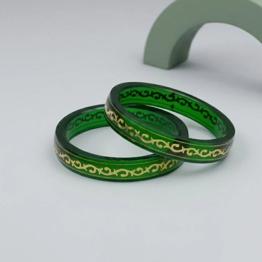 Emerald Green Transparent Glass Bangles with Gold Filigree Design 