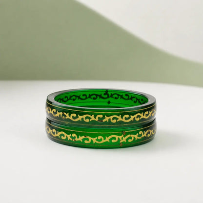 Emerald Green Transparent Glass Bangles with Gold Filigree Design 