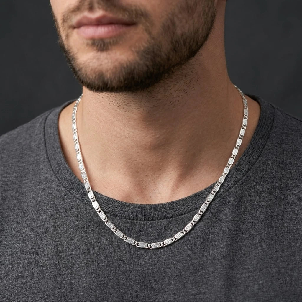 Engraved Link Silver Chain Sleek Boys