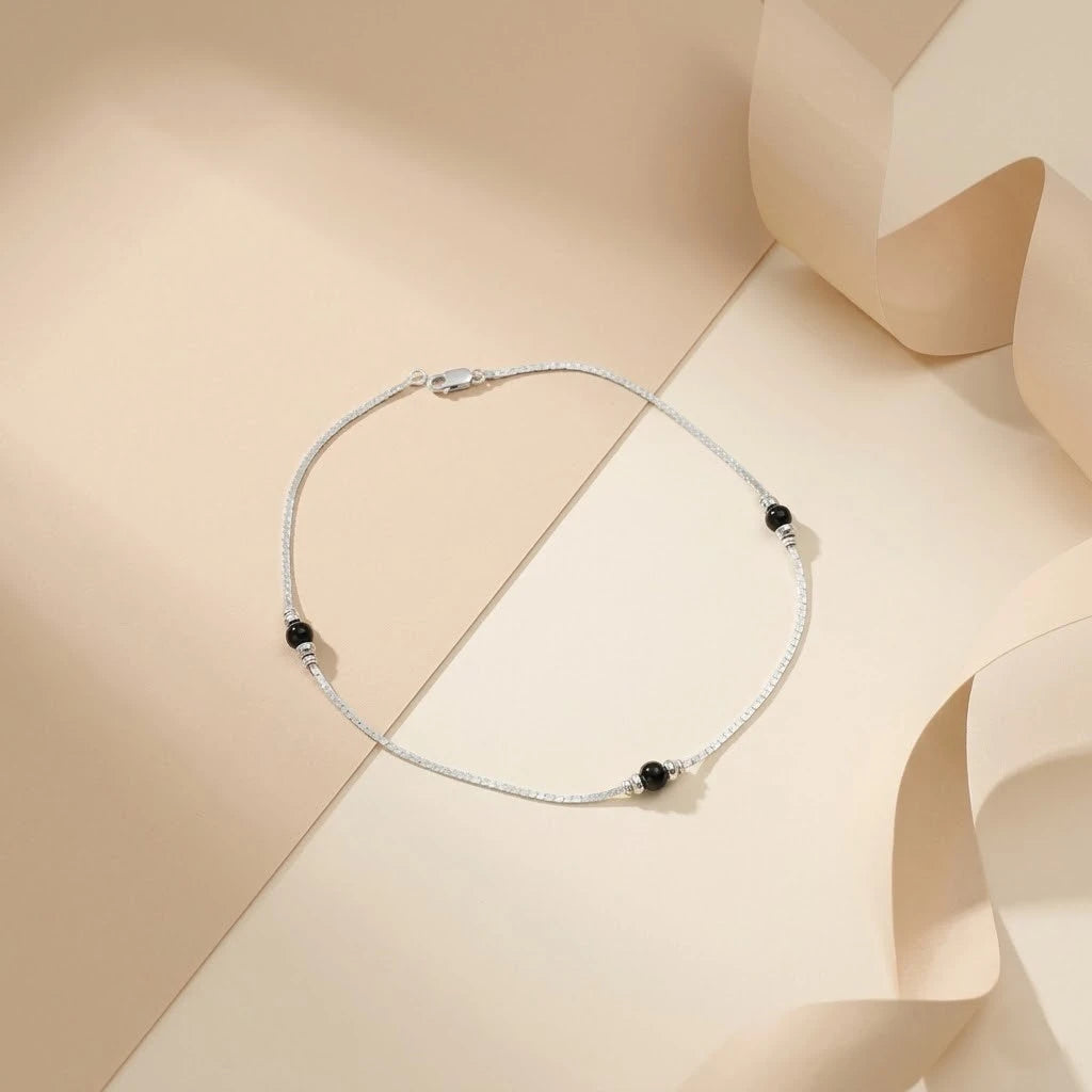 Everyday Wear Black Bud Silver Anklet