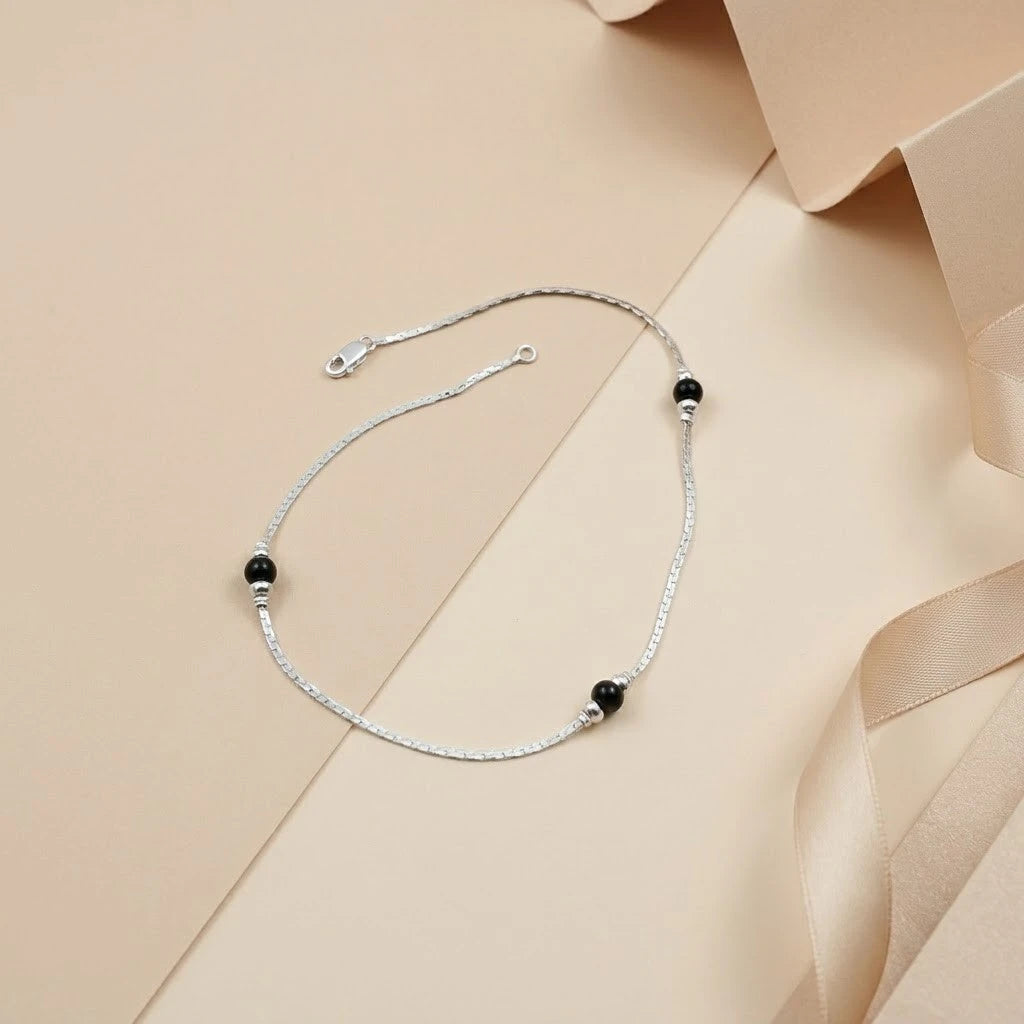 Everyday Wear Black Bud Silver Anklet