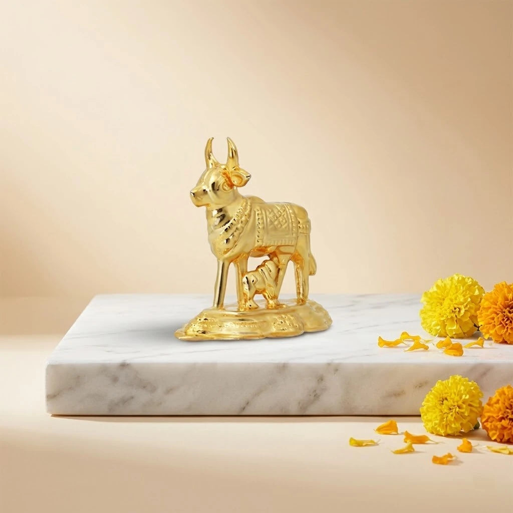 Experience Timeless Blessings with Our Beautiful Gold Plated Cow and Calf Idol