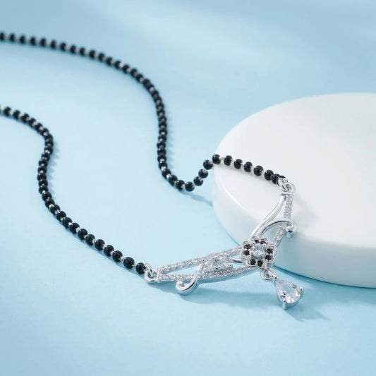 Exquisite Floral Design Silver Mangalsutra with White Gemstone