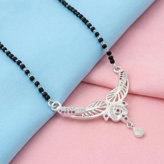 Feather Design Silver Mangalsutra with Stones