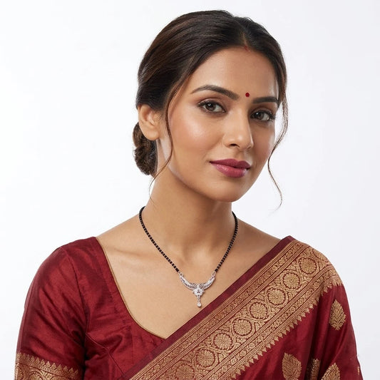 Feather Design Silver Mangalsutra with Stones