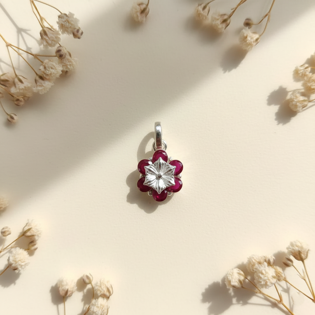 Floral Ruby Silver Pendant
