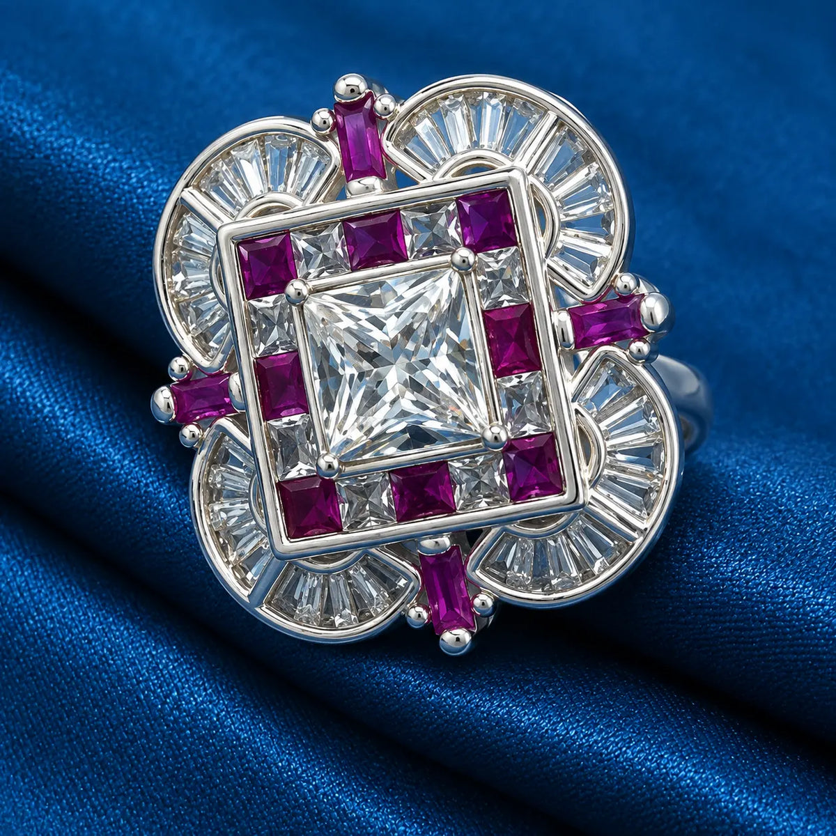 Floral Elegance Silver Ring with Pink Stones and Center White Gem for Girls.