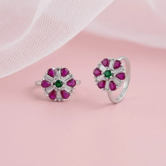 Flower Design with Purple Stone Silver Toe Ring
