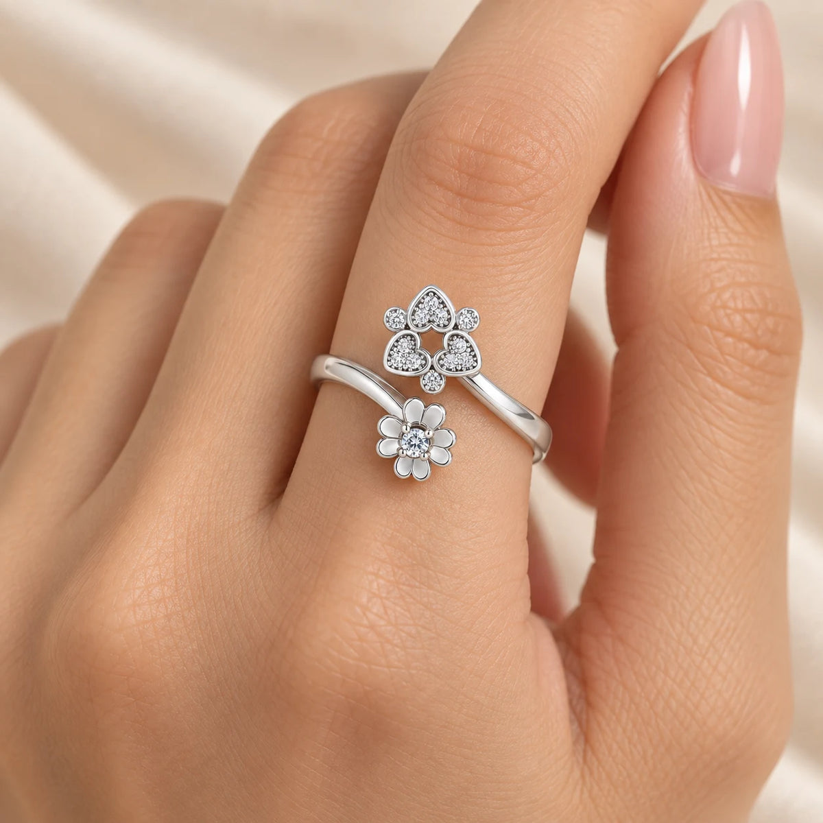 Flower and Heart Design Silver Ring For Girls