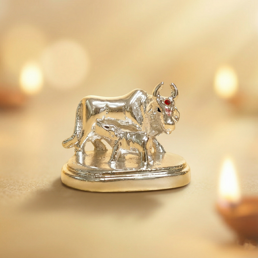 Kamdhenu Cow and Calf Idol - Beautiful Silver Polished Decorative Statue