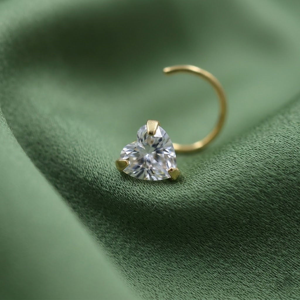 Gold Polish Heart Shape Diamond Nose Pin for Women
