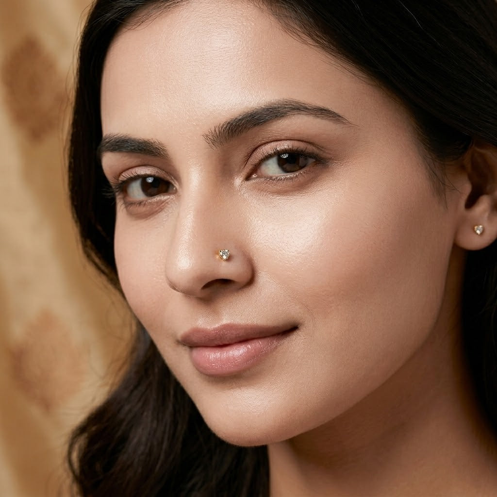 Gold Polish Heart Shape Diamond Nose Pin for Women