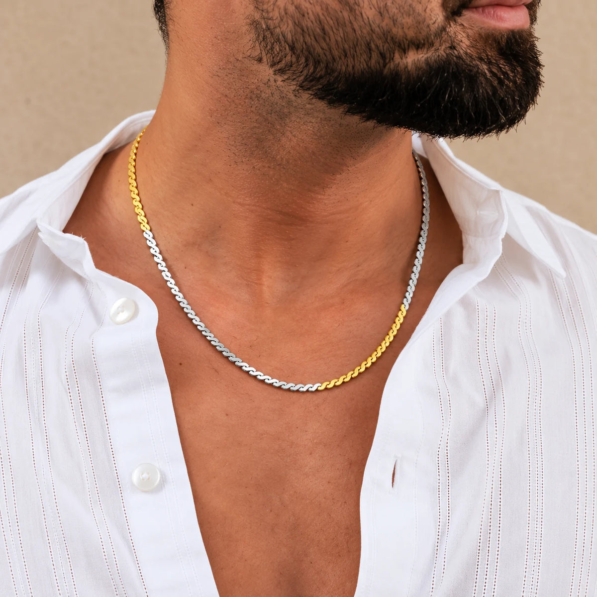 Gold Plated Spiral Pattern Dual Tone Silver Chain for Boys

