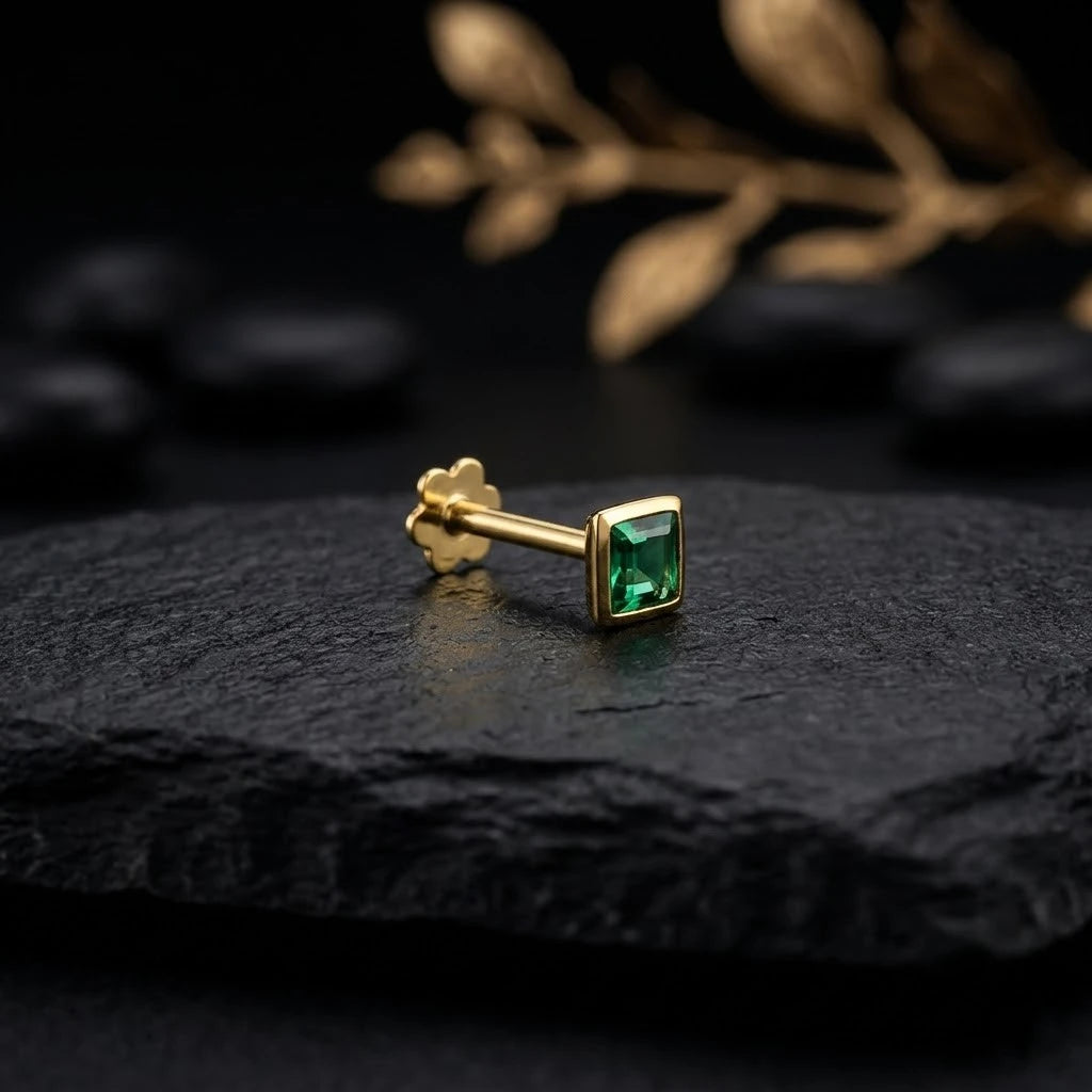 Gold Polish Square Green Gem Stone Nosepin for Girls