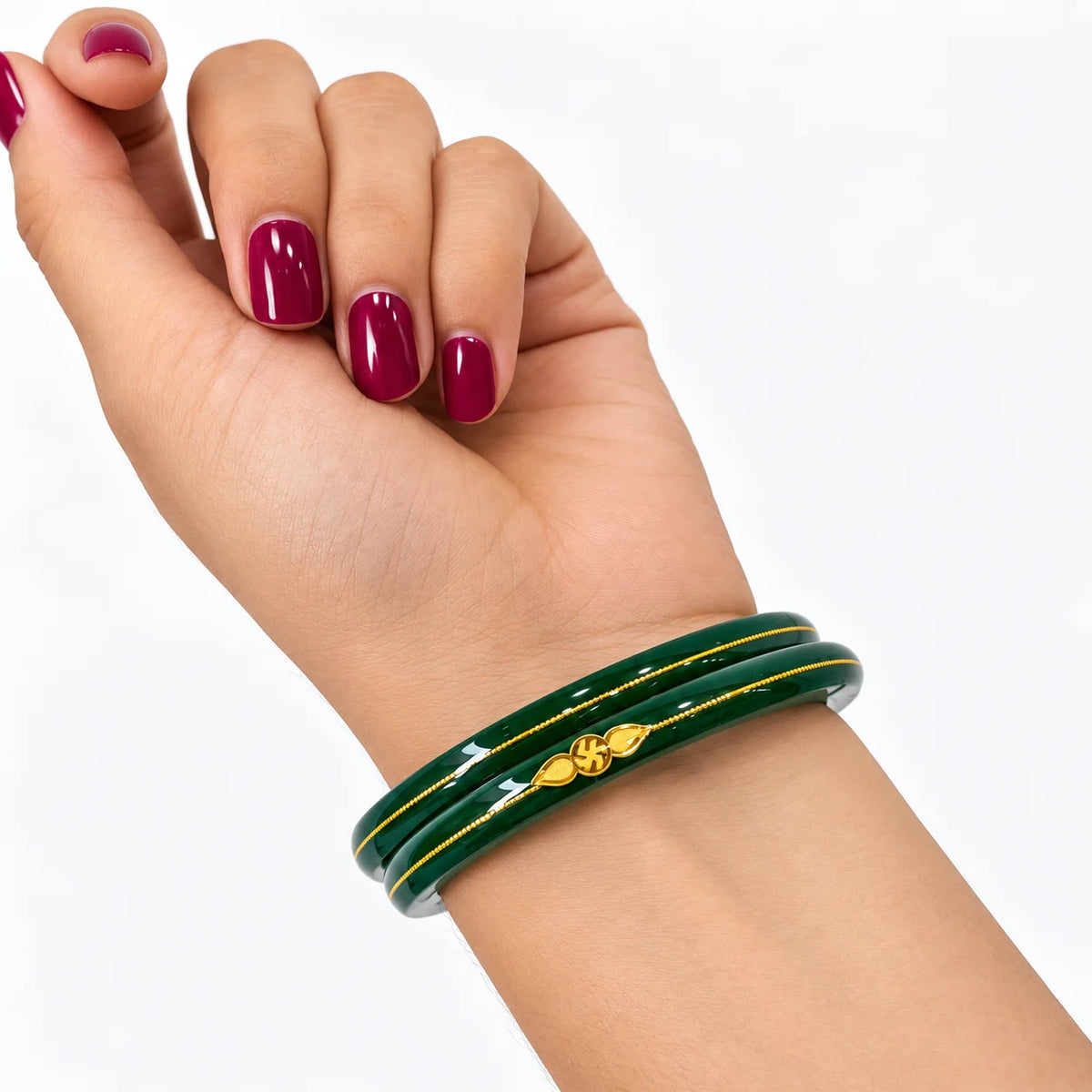 Gold Small Swastika Design Dark Green Bangle