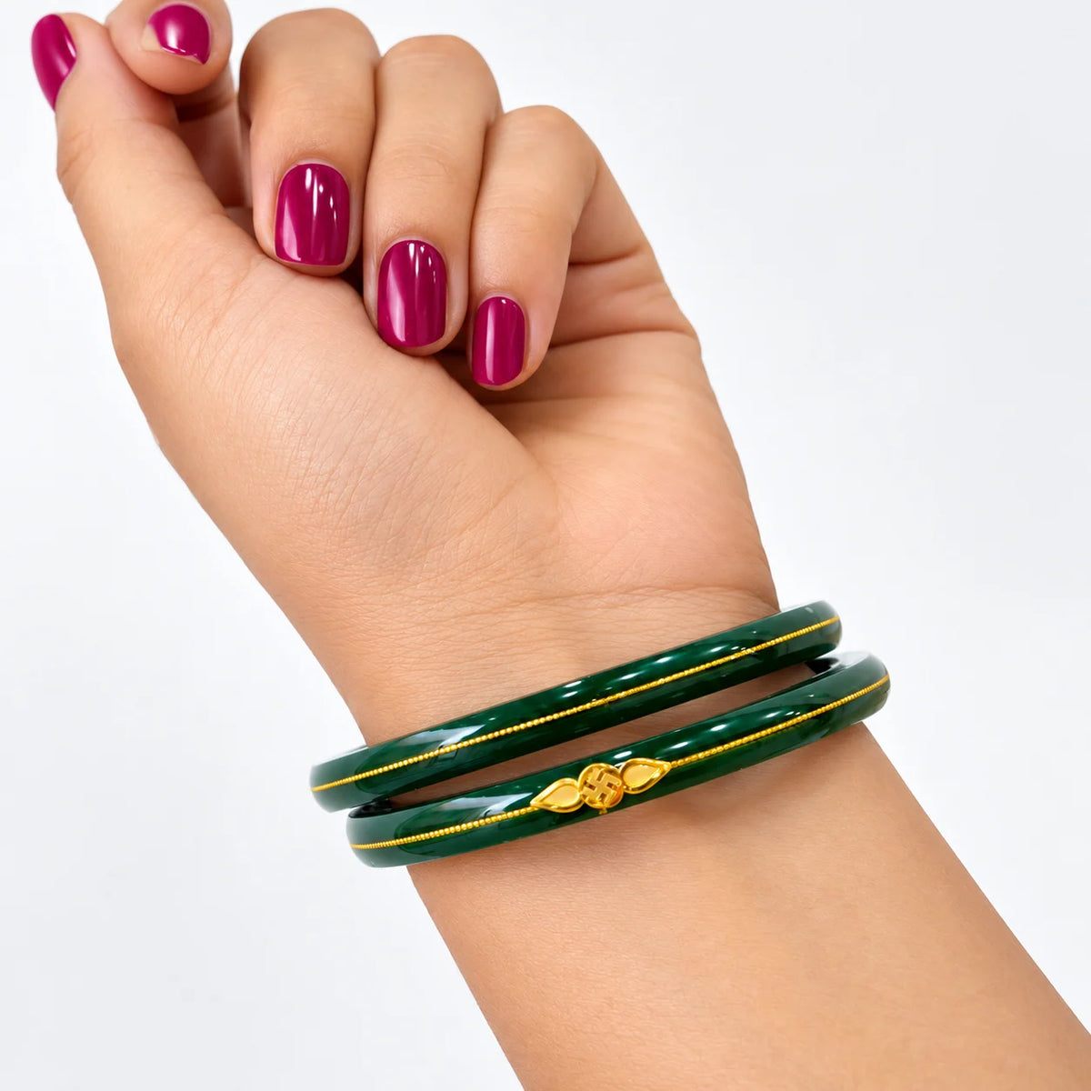 Gold Small Swastika Design Dark Green Bangle