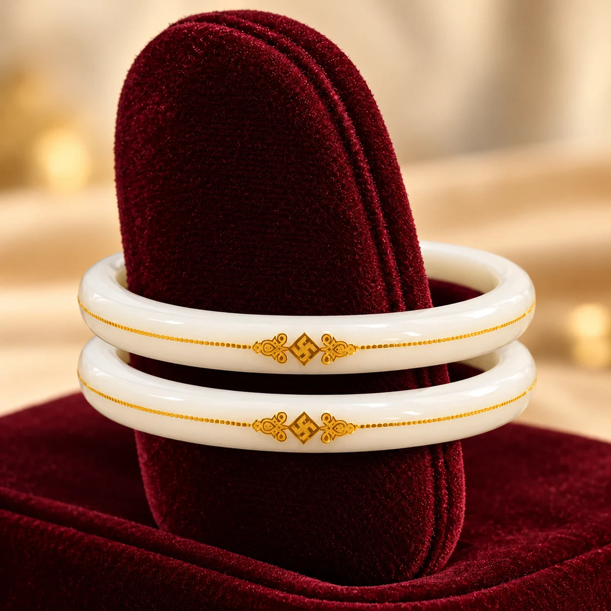 Gold Small Swastika Design Dark White Bangle