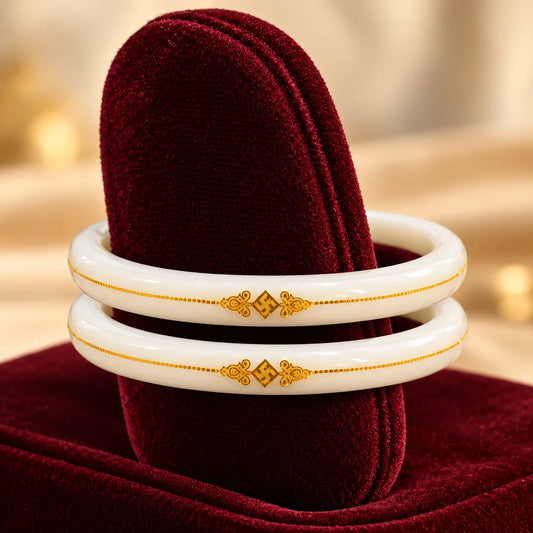 Gold Small Swastika Design Dark White Bangle