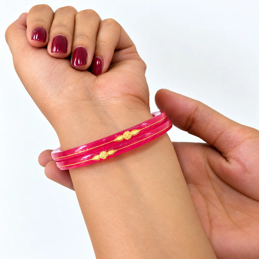 Gold Small Swastika Design Pink Bangle
