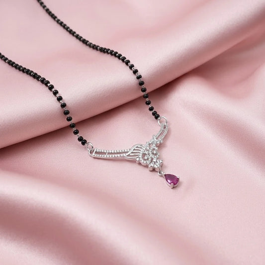 Gorgeous Silver Mangalsutra with Crystal stones-Embellished Pendant and Pink Moti.