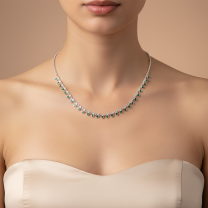 Green Heart Stone Silver Necklace for Girls & Women