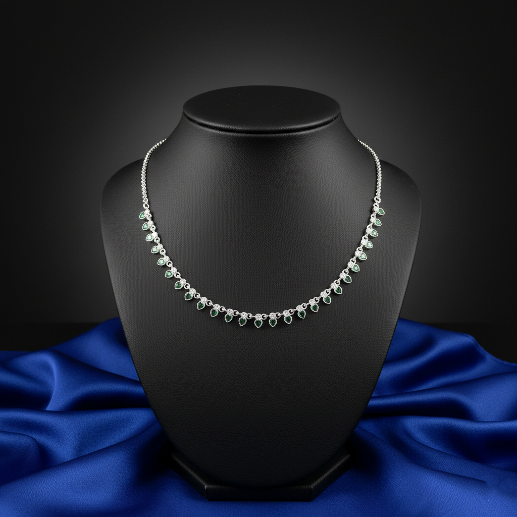 Green Heart Stone Silver Necklace for Girls & Women