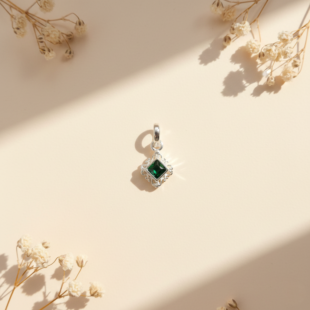 Green Square Stone Silver Pendant