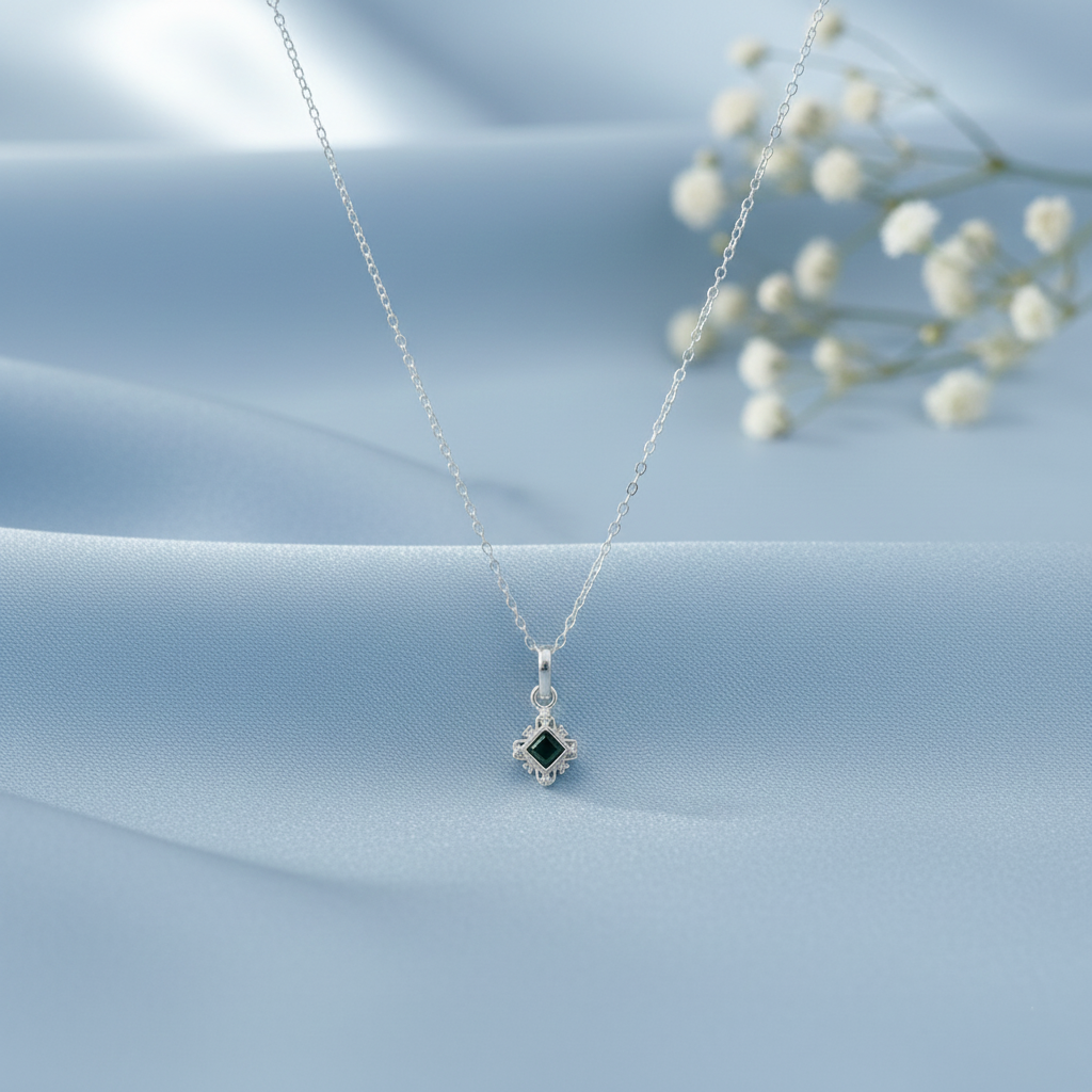 Green Square Stone Silver Pendant