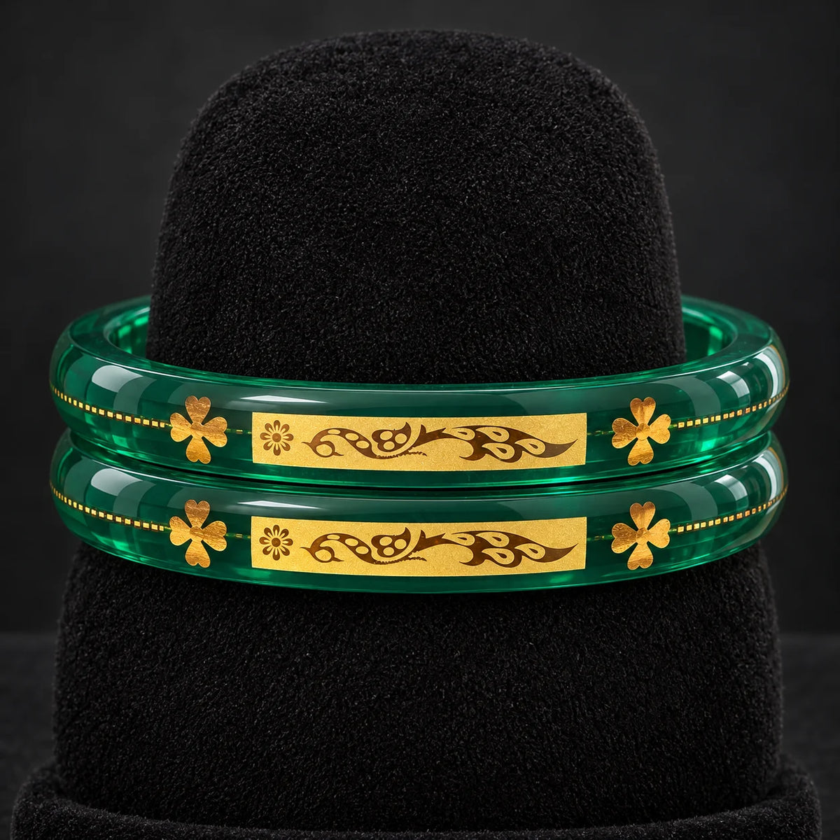 Green Designer Bangles with Elegant Golden Floral & Peacock Motifs
