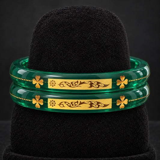 Green Designer Bangles with Elegant Golden Floral & Peacock Motifs