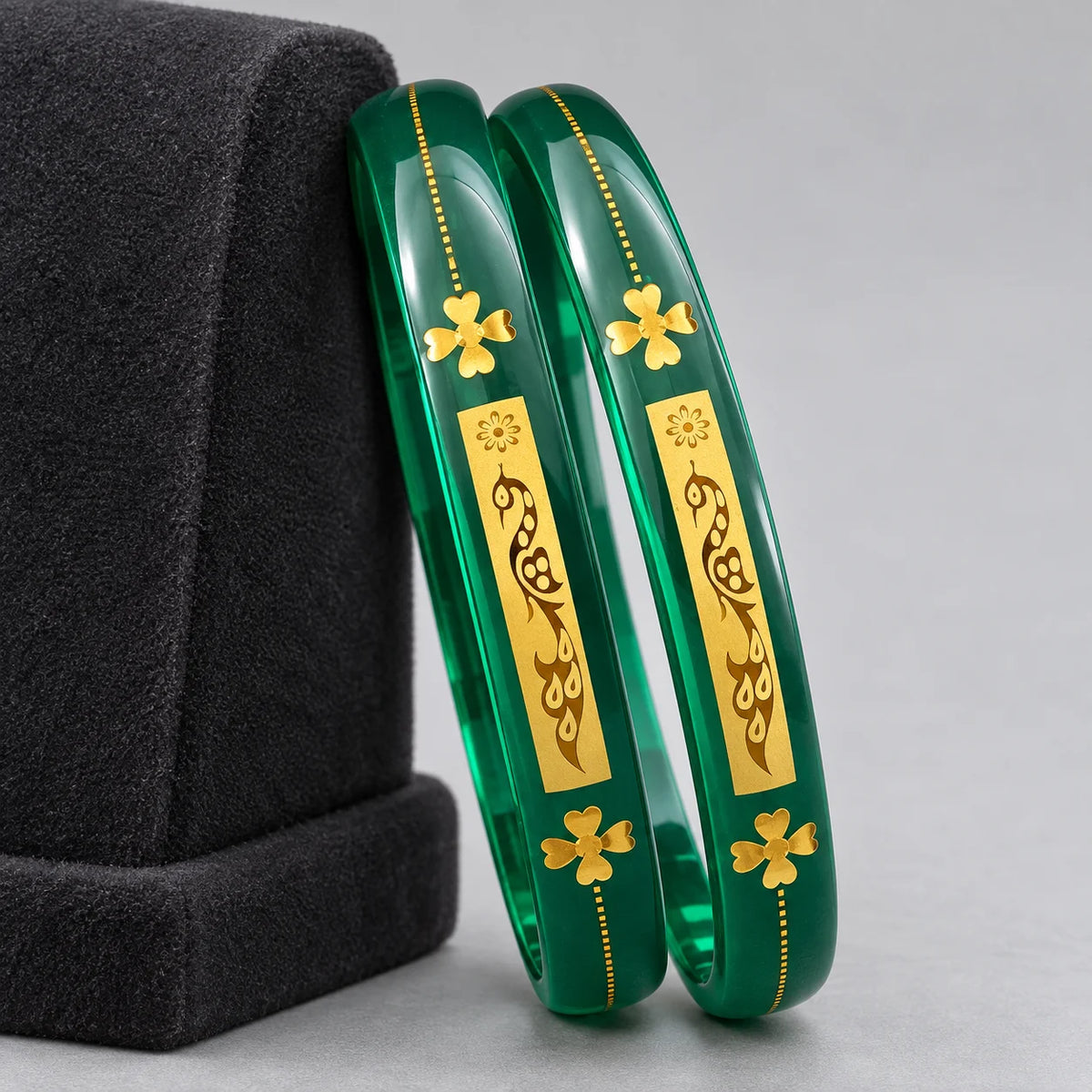 Green Designer Bangles with Elegant Golden Floral & Peacock Motifs