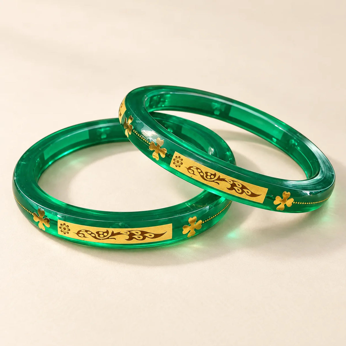 Green Designer Bangles with Elegant Golden Floral & Peacock Motifs