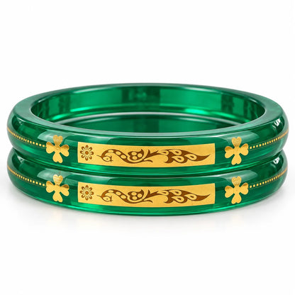 Green Designer Bangles with Elegant Golden Floral & Peacock Motifs