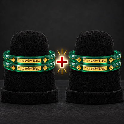 Green Designer Bangles with Elegant Golden Floral & Peacock Motifs
