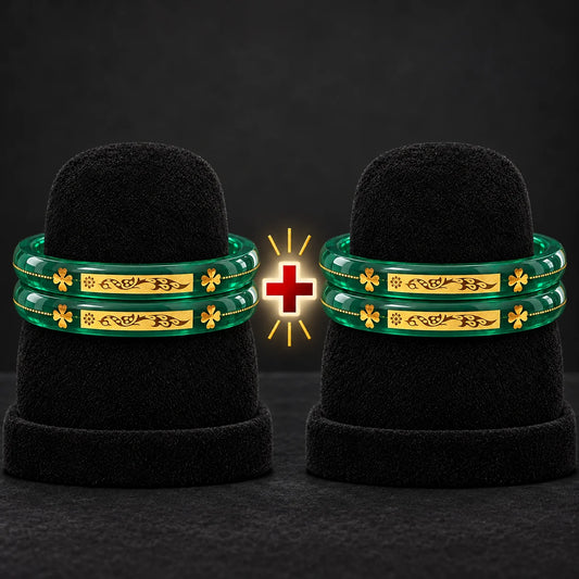 Green Designer Bangles with Elegant Golden Floral & Peacock Motifs
