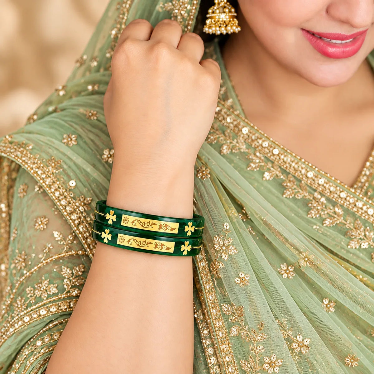 Green Designer Bangles with Elegant Golden Floral & Peacock Motifs