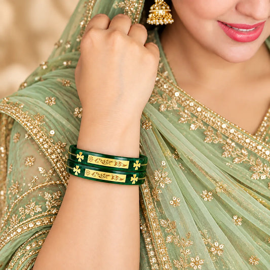 Green Designer Bangles with Elegant Golden Floral & Peacock Motifs