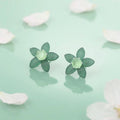 Green Flower Design Stud Silver Earrings