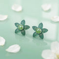 Green Flower Stud Silver Earrings with Pearl Center