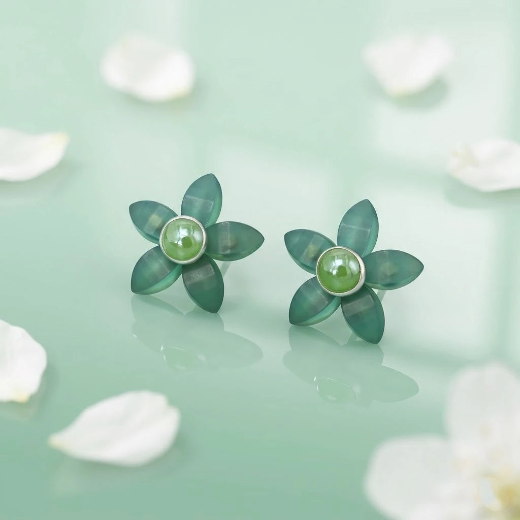 Green Flower Stud Silver Earrings with Pearl Center