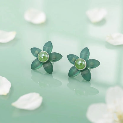 Green Flower Stud Silver Earrings with Pearl Center