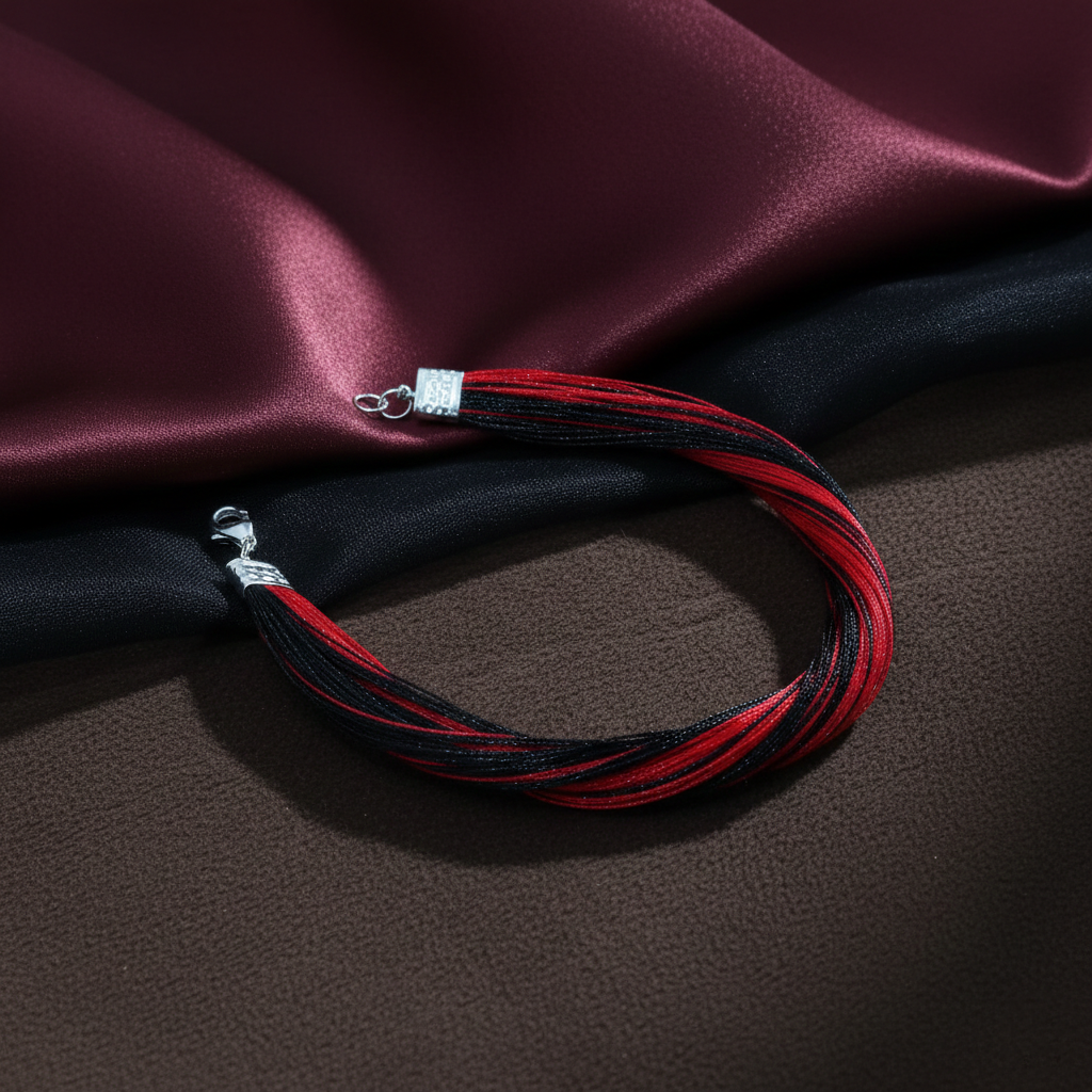 Handcrafted Red & Black Sacred Thread Silver Bracelet