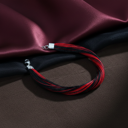 Handcrafted Red & Black Sacred Thread Silver Bracelet