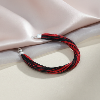 Handcrafted Red & Black Sacred Thread Silver Bracelet