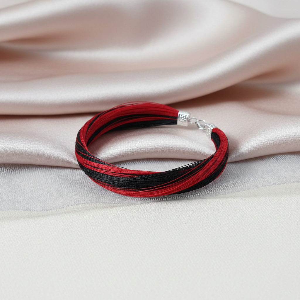 Handcrafted Red & Black Sacred Thread Silver Bracelet