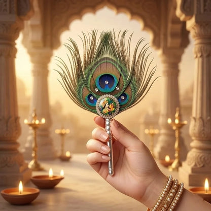 Handcrafted Morpankh Fan with Radha Krishna